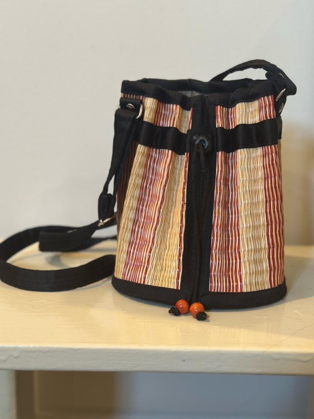 Saraye Cambodian Tatami Style Handwoven Purse with Black Trim - Natural & Red